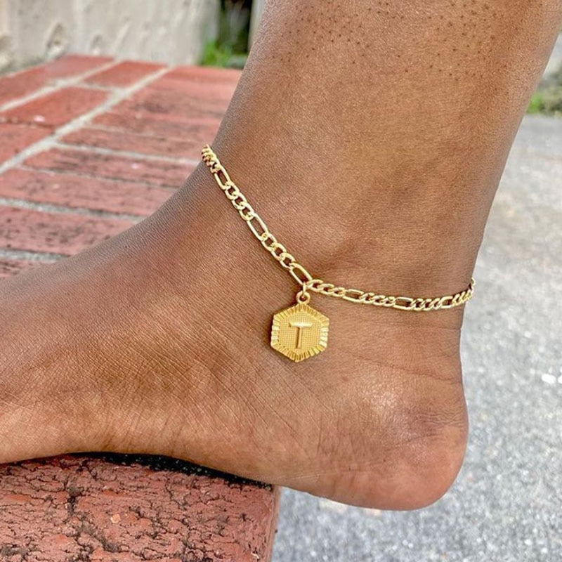 Initial Pendant Anklet w/ Figaro Chain