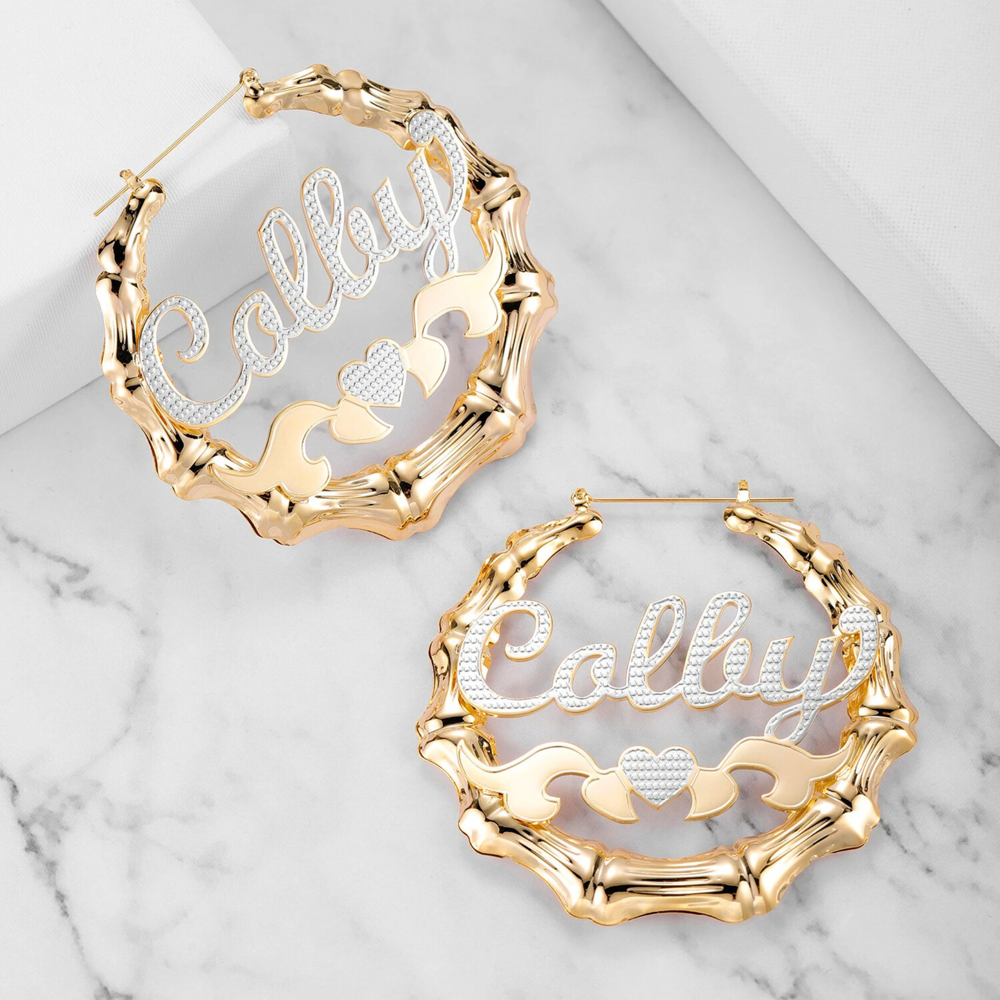 Two Toned Heart Bamboo Name Hoops