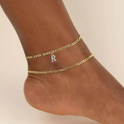 Crystal Initial Anklet w/ Figaro Chain