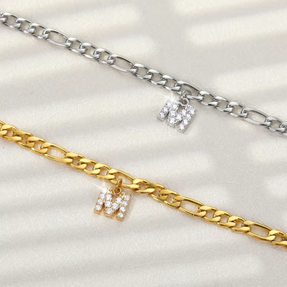 Crystal Initial Anklet w/ Figaro Chain