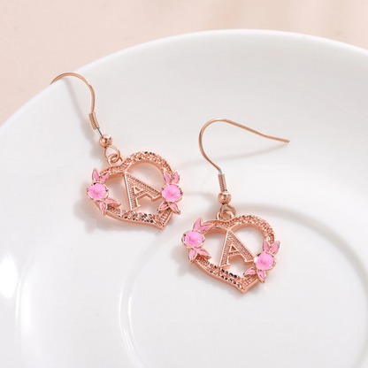 Initial Floral Heart Drop Earrings