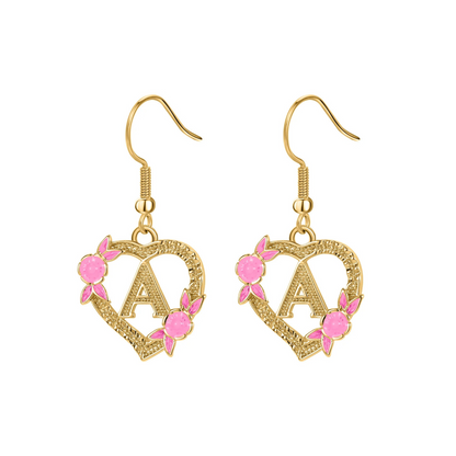 Initial Floral Heart Drop Earrings