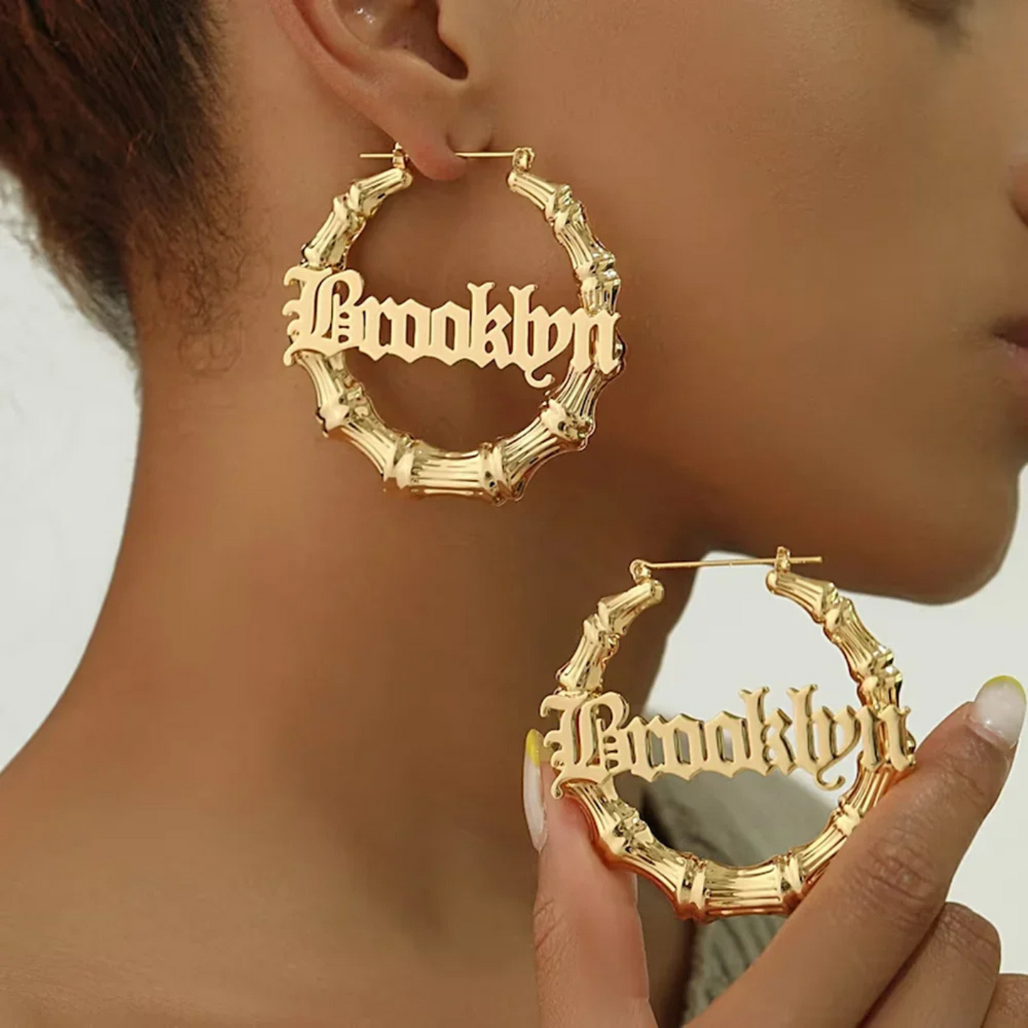 Old English Bamboo Name Hoop Earrings