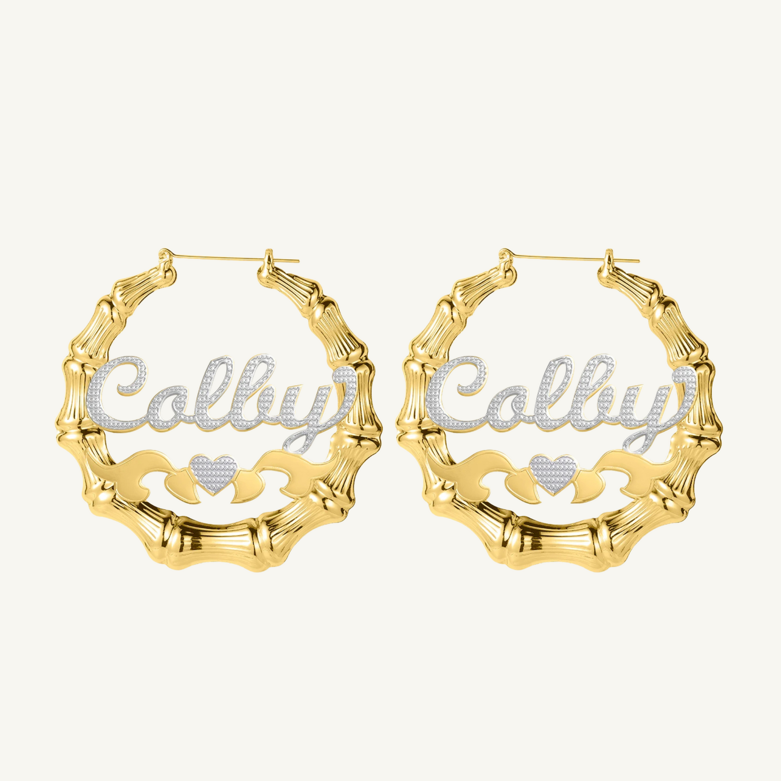 Two Toned Heart Bamboo Name Hoops